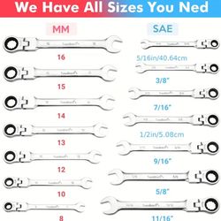 14pcs Heavy-Duty Flex-Head Ratcheting Wrench Set, SAE 5/16"-11/16" & Metric 8-16mm,