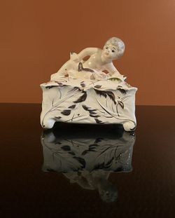 Vintage Royal Sealy Porcelain Gilt Cherub Trinket Box with Lid Gold Trim