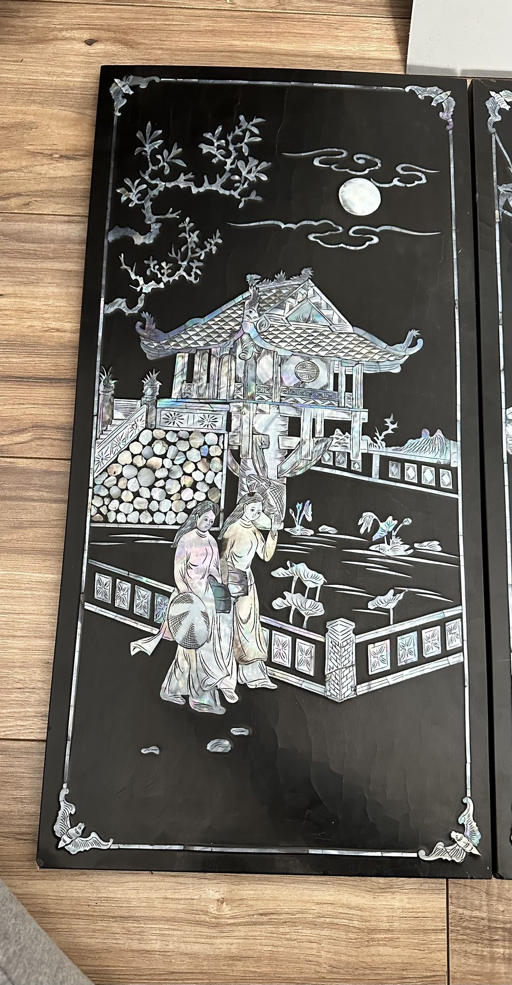 Chinese Wall Art Vintage Shell Mother Of Pearl Inlay Asian Lacquer Would