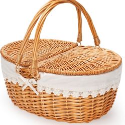 Wicker Picnic Basket with Removable Liner, Empty Picnic Baskets with Lid, Vintage-Style Picnic Hamper with Folding Woven Handle for Picnic, Camping, O