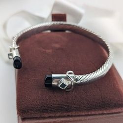 ✨🖤Sterling Silver Cable Cuff Bracelet w/ Onyx Accents 7" |25.85 g. |6mm🖤✨
