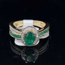 10KT Yellow Gold GDR Oval Emerald Diamond Ring 4.30g .2CTW Size 7 183198/10