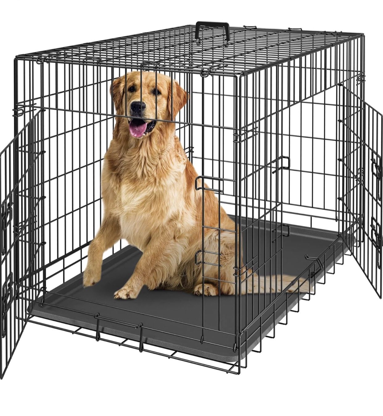 42 Inch Dog Crate Double Door Folding Metal Dog or Pet Crate Kennel with Tray and Handle