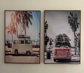 Set of 2 large wood framed canvas art. Retro Beach art. Each one is 37 x 25 inches