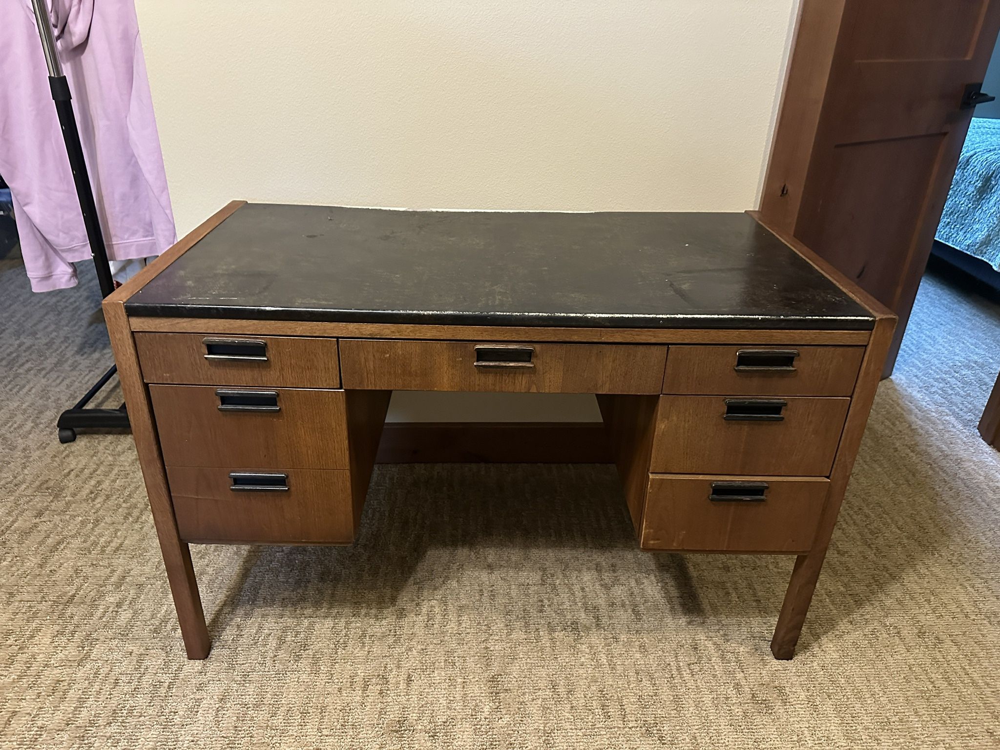 Wood Desk With Drawers. Soft Top In Great Shape. Might Be Leather