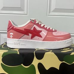 A Bathing Ape Bapesta Patent Leather Pink Red Low Top Lace Up Sneakers Men