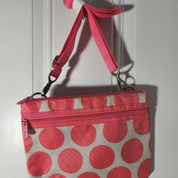 Thirty-One Cross-Body-Strap Bag Purse Coral Mod-Dot Grey & Pink / Retro Look (10x8 Inch)