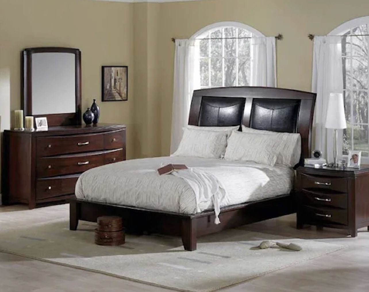 5 Piece Darvin Rodea Solid Wood And Leather Platform Bed Dresser And Nightstands Queen Bedroom Set