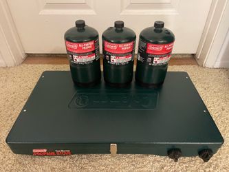 Coleman two burner propane stove and Coleman 16 Ounce Propane Gas Cylinder All-Purpose 3 Pcs.