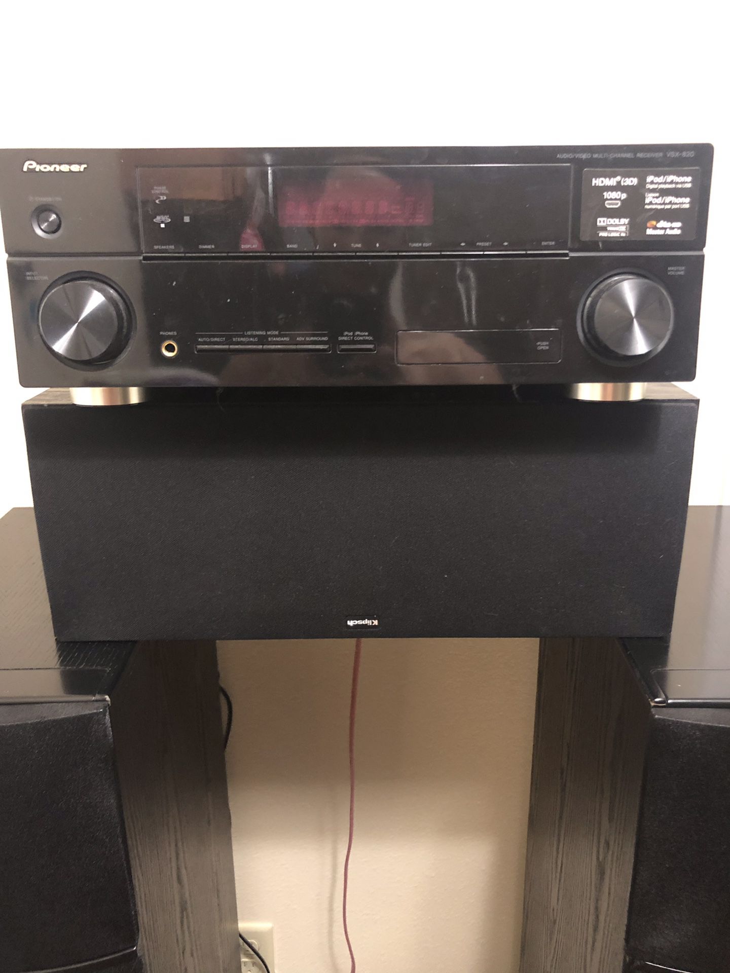 Pioneer receiver with Klipsch center, tower, and sub speakers