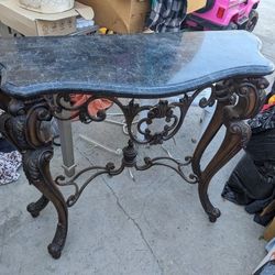 black marble wrought iron & wood console table bar vintage hallway corner shelf solid