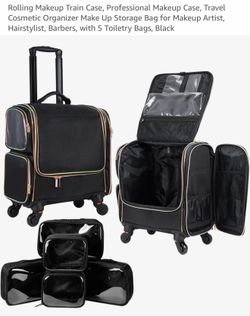 Rolling Makeup Train Case, Professional Makeup Case, Travel Cosmetic Organizer Make Up Storage Bag for Makeup Artist, Hairstylist, Barbers, with 5 Toi