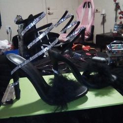 Black High Heel Sandal With Rhinestone Wrap And Feather Detail