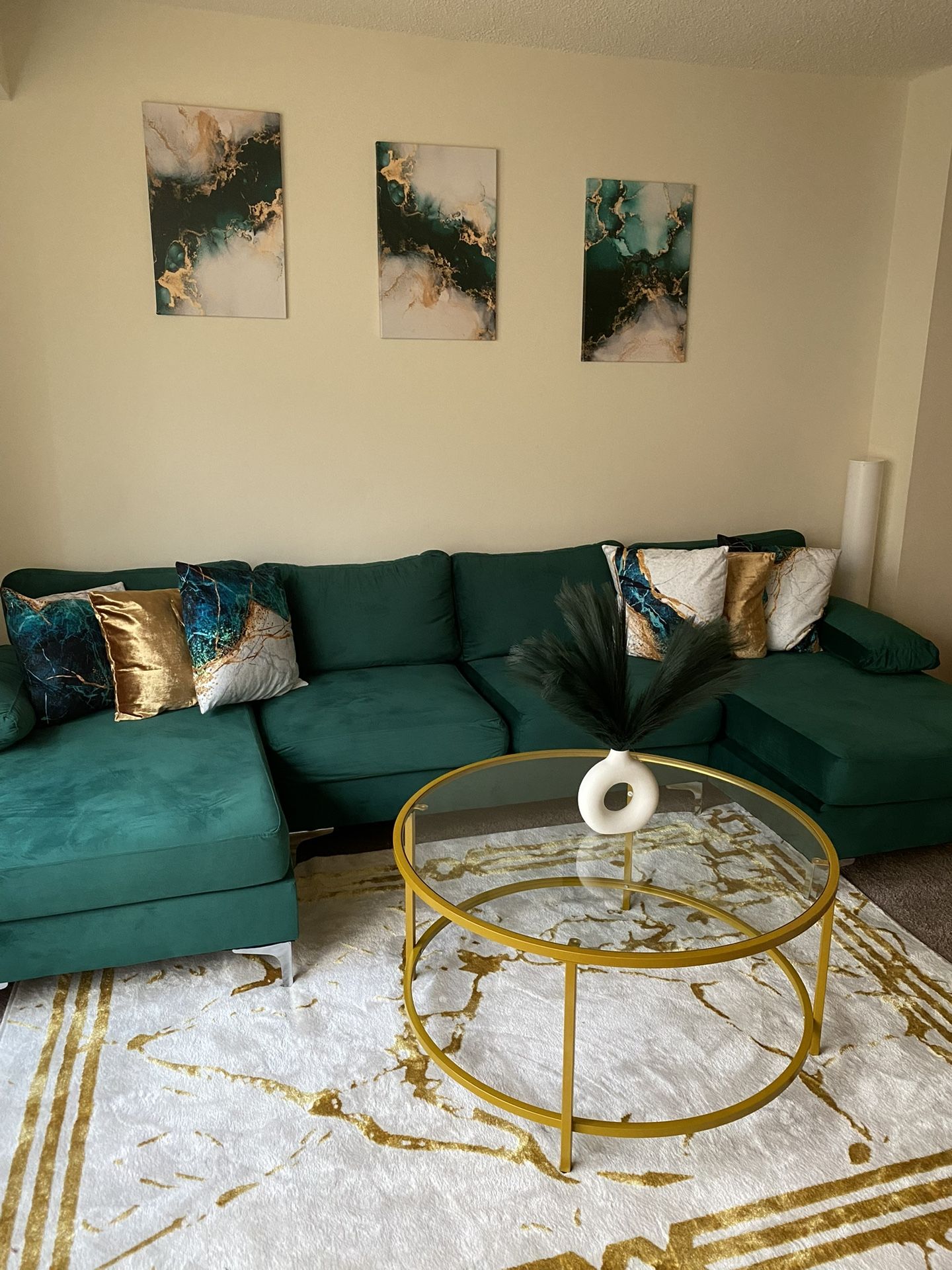 Section Couch, 2 Gold Glass Tables & A Mirror