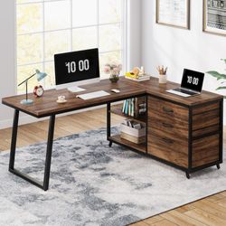 53" Reversible L-Shaped Computer Desk with 3 Drawers & Shelves