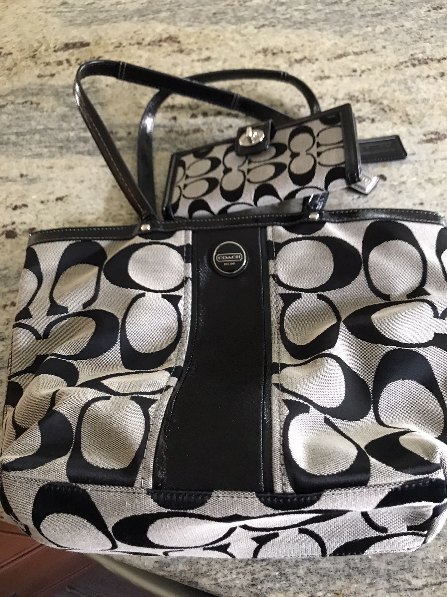 Coach Light Beige and Black Purse with Matching Wallet