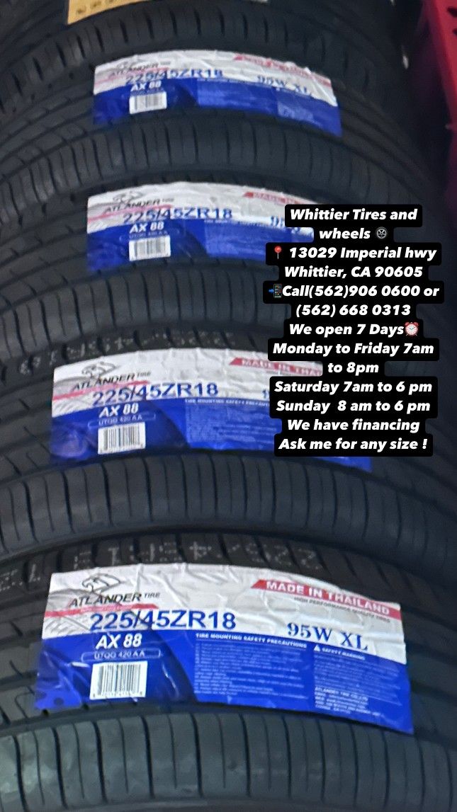 SET OF NEW TIRES, 225/45R18 ATLANDER 95W XL, INCLUDING MOUNTING AND BALANCING. ASK ME FOR ANY SIZE OR BRAND, LLANTAS NUEVAS