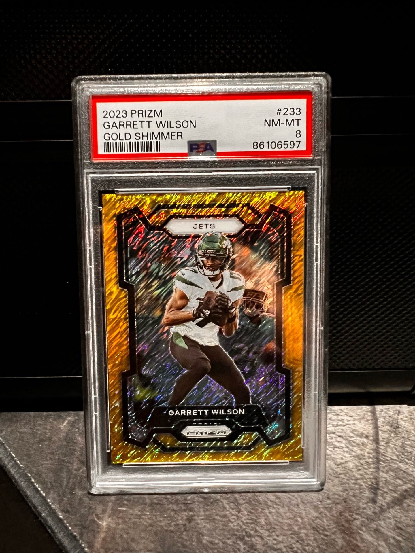 Garrett Wilson /10 gold shimmer 2023 prizm PSA 8