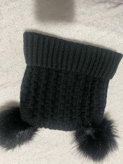 Black Knit Beanie Hat with Pom Poms