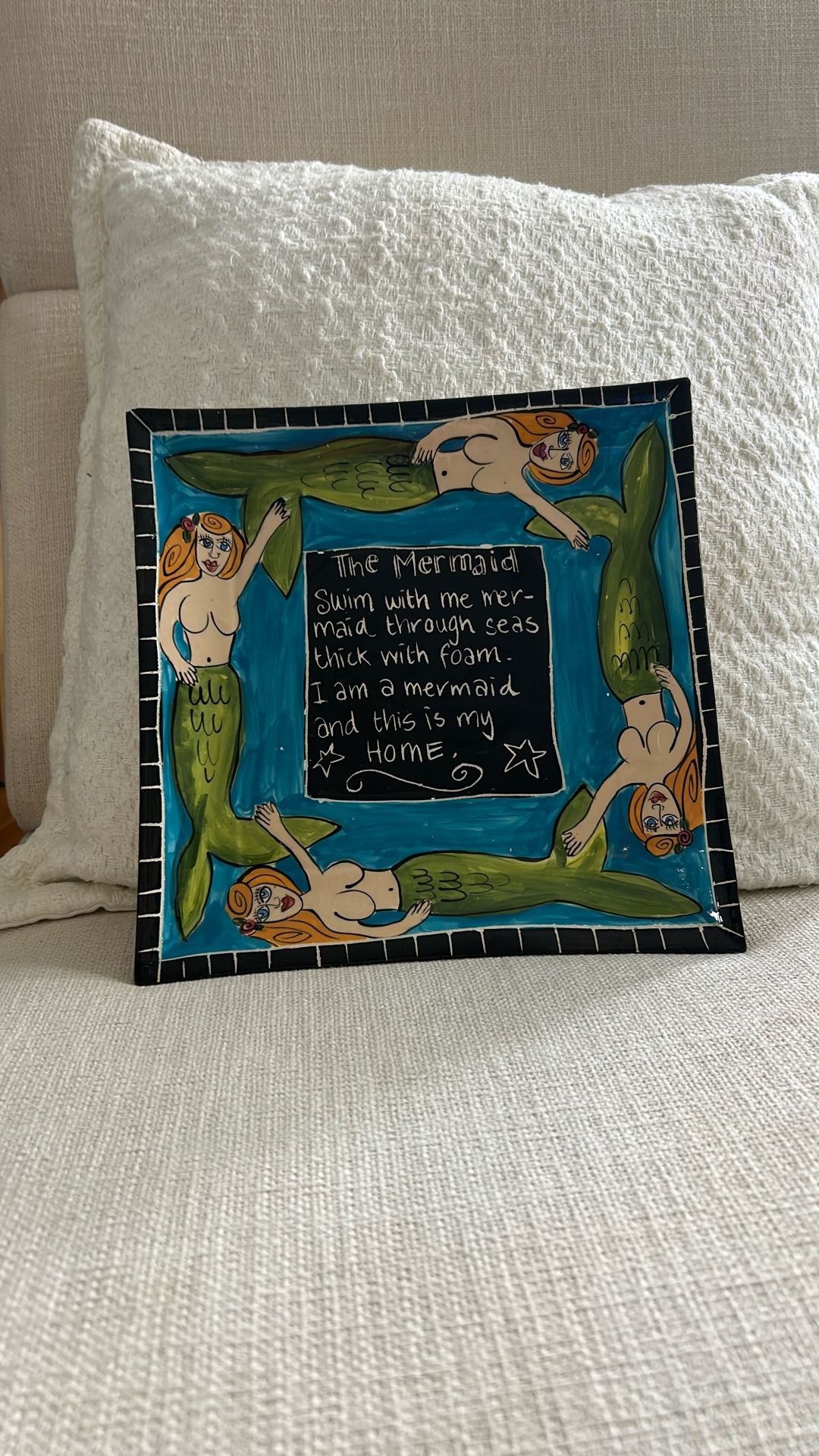 10 Inch Square Mermaid Plate Hand painted