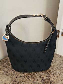 Vintage Dooney & Bourke Black Signature Monogram DB Canvas Mini Hobo Bag Purse