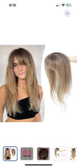 Ms Taj 18 Inch Hair Topper with Clip in Bangs, Synthetic Fluffy 4"x5" Layered Straight Toppers for Women, 360° 3D Cover Bangs Hairpiece for Thinning H