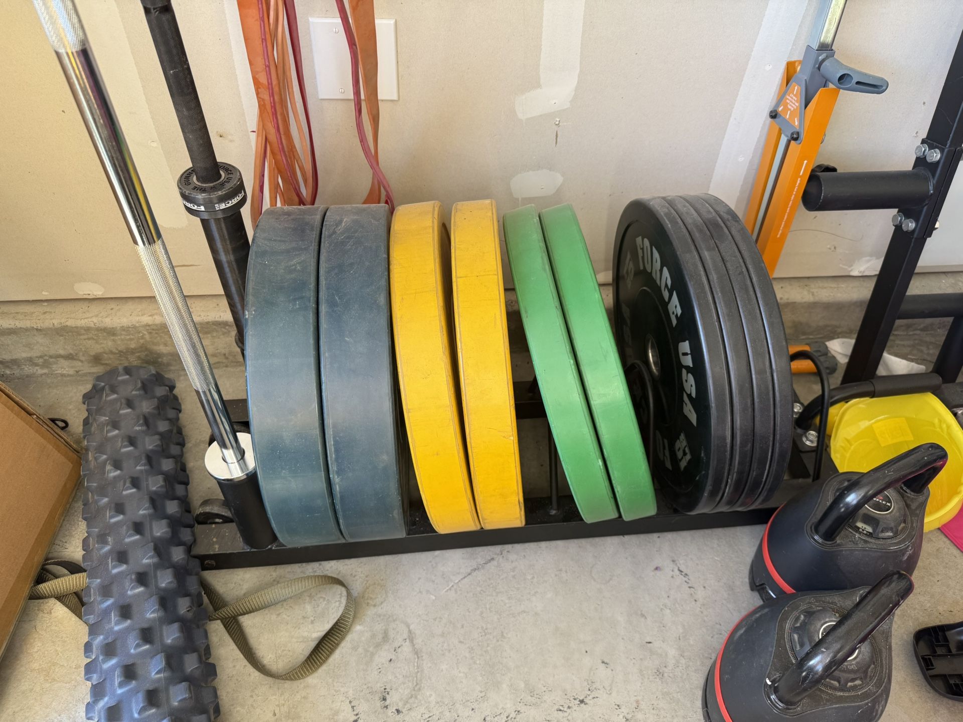 FORCE USA Bumper Plates, Barbell, And Plate Holder
