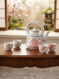 Ceramic Floral Tea Set with Teapot and Cups
