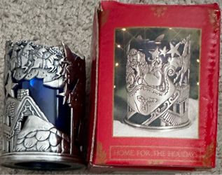 Vintage Home For The Holidays Pewter Christmas Votive Candle Holder with Cobalt Blue Glass