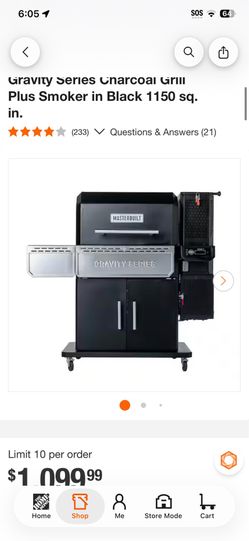 Gravity series unarcoal Grill Plus Smoker in Black 1150 sq. in.