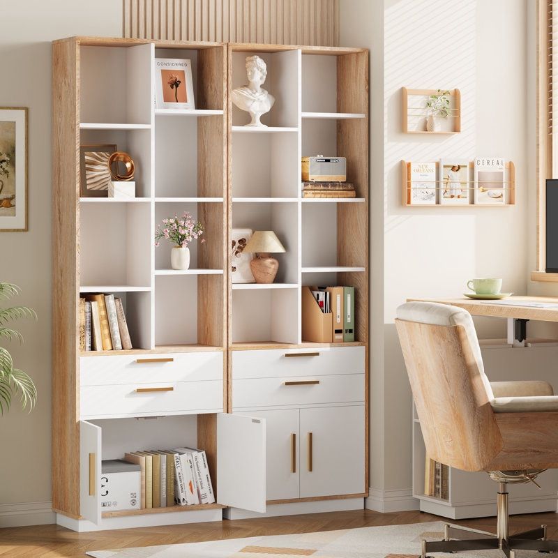 Set Of 2 73” Modern Style Tall Bookcase With Drawers And Cabinet, Home Office Wooden Bookshelf With 8 Storage Cubes