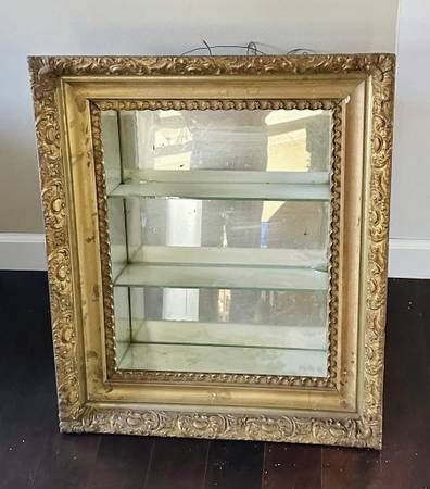 Vintage Antique Gold Wall Hanging Framed Curio Cabinet Shadow Box With 3 Tier Glass Shelfs And Mirror DIY Project