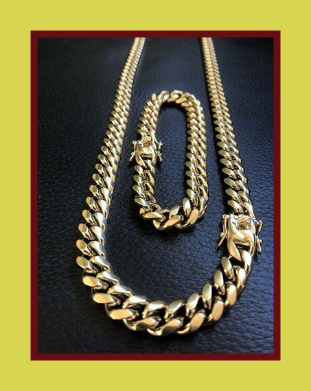10mm Mens Miami Cuban Link Bracelet & Chain Set 14k Gold ...