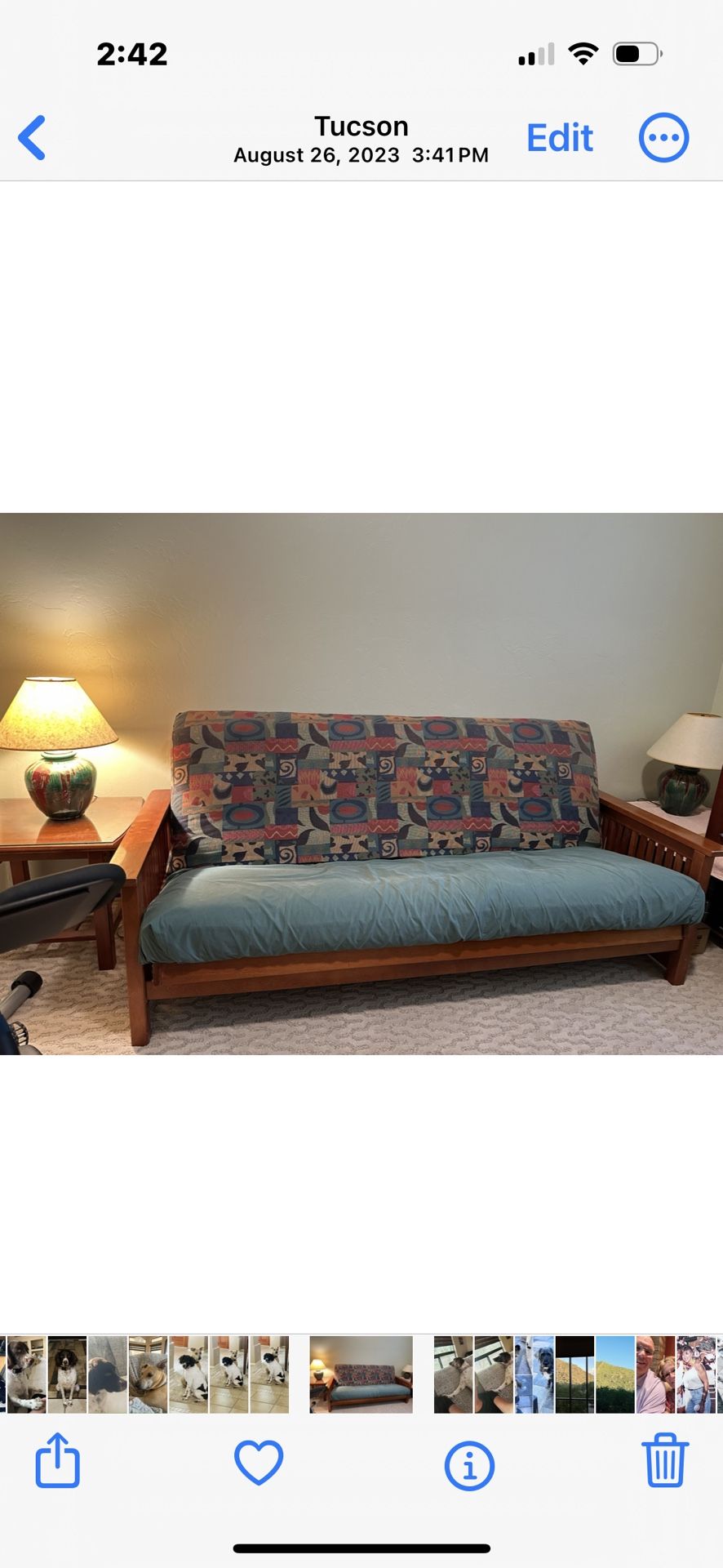 Futon Couch/Bed with End&Coffee Tables, Single Chair 2 Lamps 