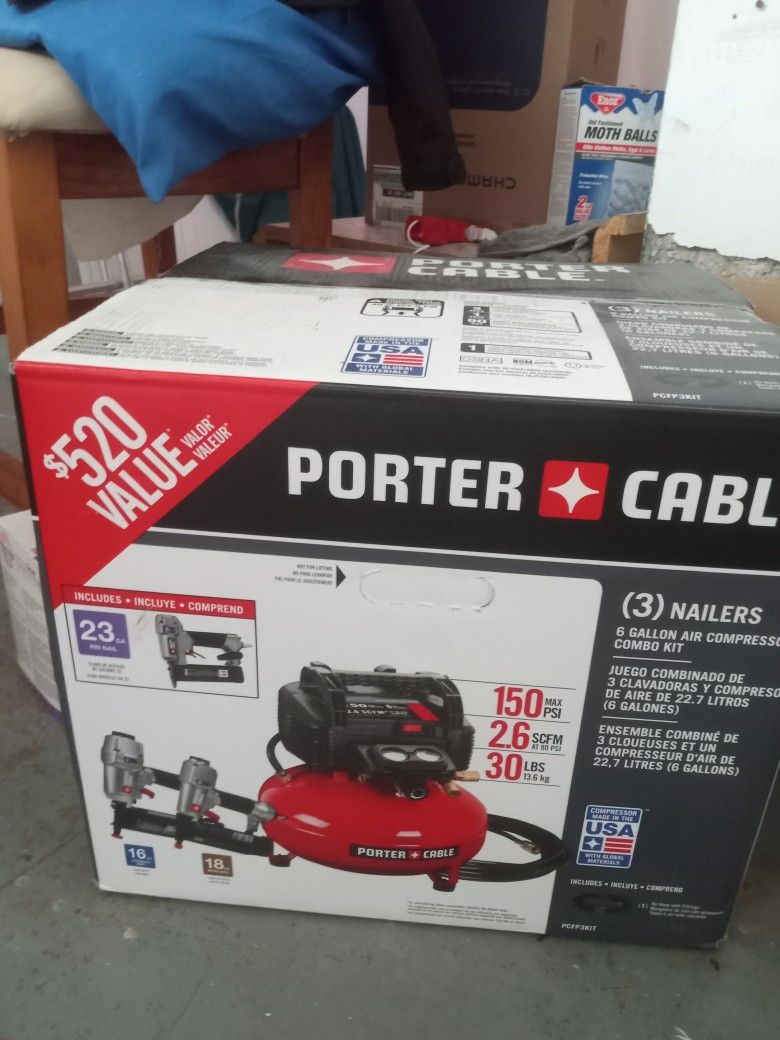 Porter Cable Three Nail Guns Included Pancake Compressor 150 Psi Brand New On The Box