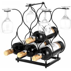 Countertop Wine Rack Metal, Hold 6 Bottles and 4 Glasses Wine Holder Stand