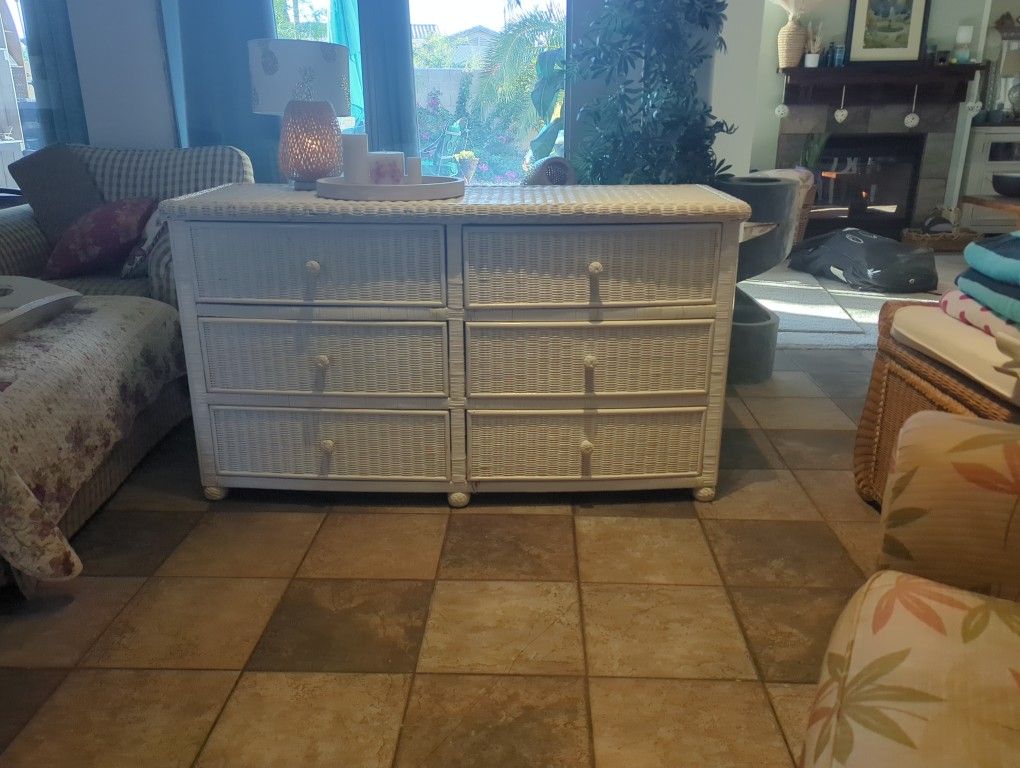 White 6 drawer Wicker Dresser