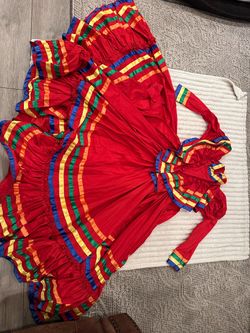 Red Folklorico Dance Dress with Rainbow Trim