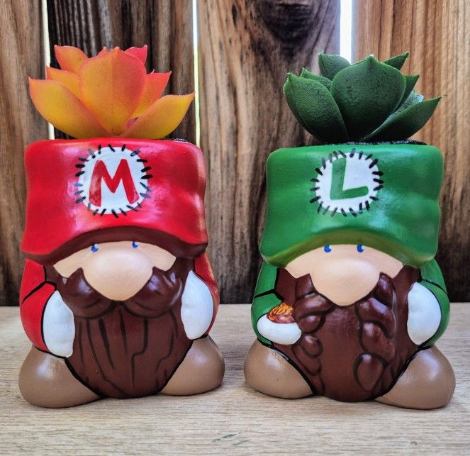 Super Mario Bros Gnome Pots! Set Of 2! Handpainted! Perfect Gifts!