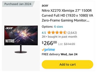 Acer 1040p 240Hz 27inch Curved Monitor