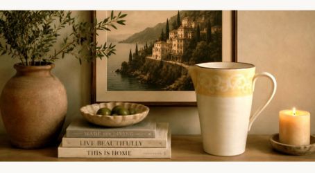 Large 10"  Italian Ceramic Pitcher, Tuscan Charm in Cream & Golden Yellow