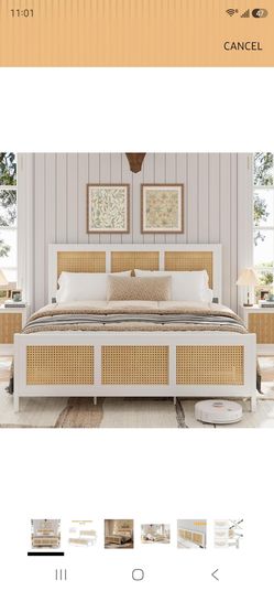 GarveeHome King Size Bed Frame with Headboard, Boho Rattan Bed Frame with Strong Metal Slat, Noise Free, No Box Spring Needed, White