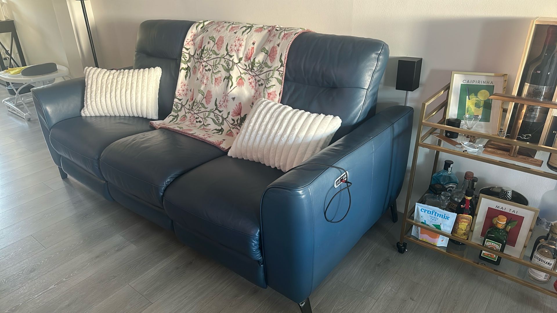 Blue Leather Powered Recliner Sofas Set- Great Condition.