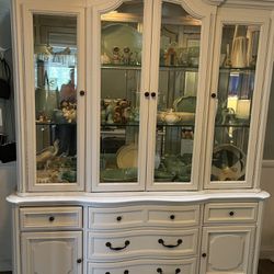 Solid Wood Large Vintage Hutch With Glass Shelves