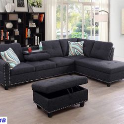 New Dark Grey Sectional With Ottoman 