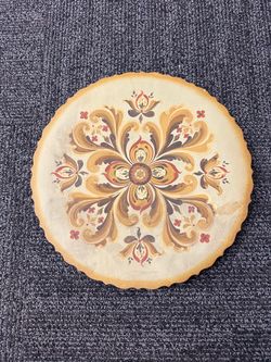 Vintage Round Scalloped Edge Floral Decorative Wood Plate, 13”