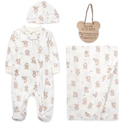 Baby Essentials Boys Romper Footie 4 Piece Set in Tan with Hat Blanket & Sign 3M
