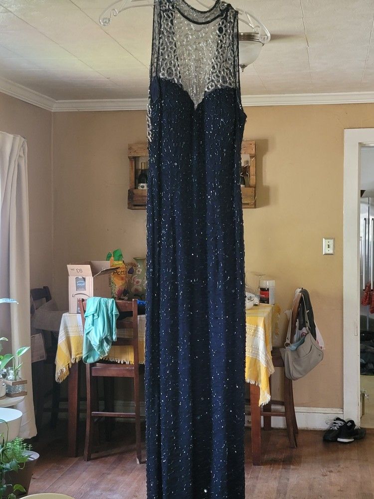 Stunning Navy/ Silver Beaded and Sequin Prom Dress