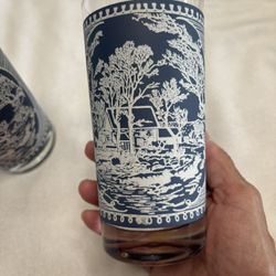 Two Vintage Currier Ives Blue And White Glass Tumblers 