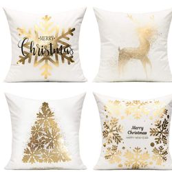All Smiles White Gold Christmas Decorations Throw Pillow Covers 18X18 Set of 4 Winter Xmas Navidad Home Holiday Décor Velvet Cushion Cases for Sofa Tr